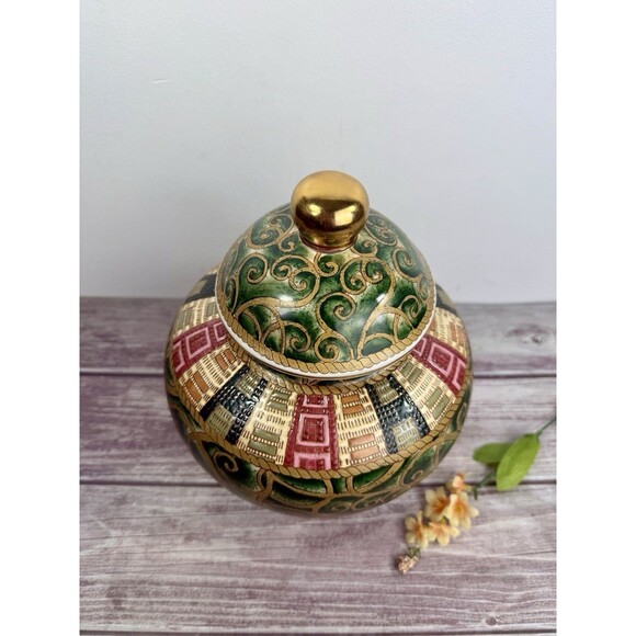 Vintage Oriental Accent 9.5" Jar Vase Urn Lidded Green Gold Red elegant - Picture 4 of 12